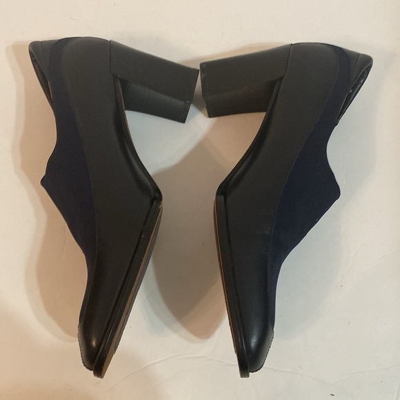 DONALD PLINER 7 M BLACK SLIP ON HEELS ELASTIC FABRIC W/ LEATHER - Picture 11 of 15